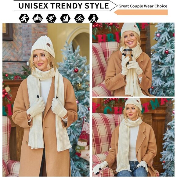 Winter Beanie Hat Scarf Gloves Set for Women and Men White Warm Knit Gift Idea - Picture 5 of 6